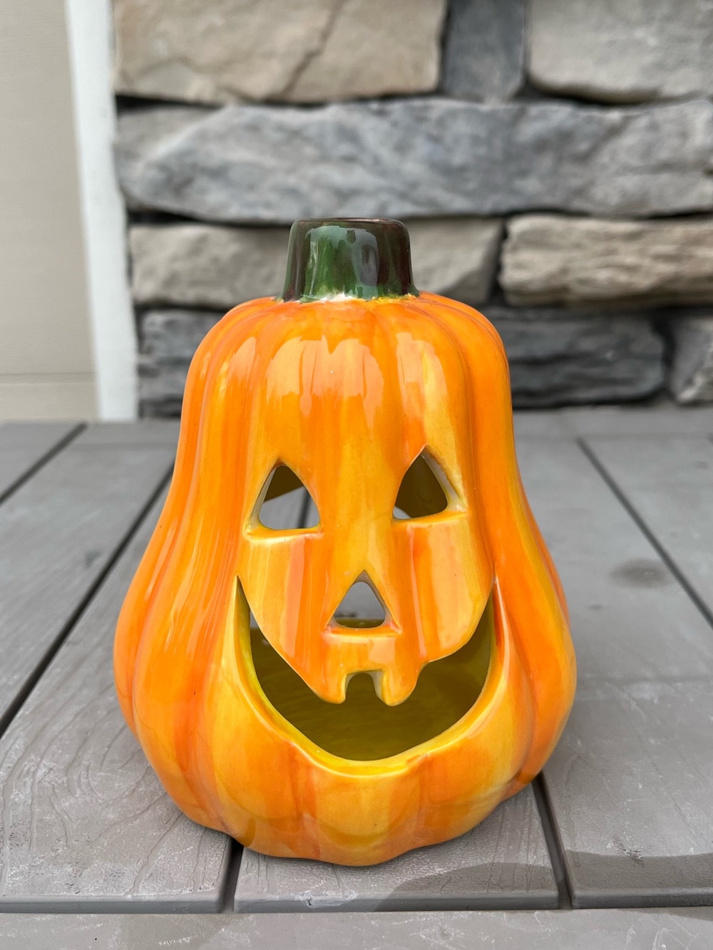 Cheerful Halloween 🎃 Orange & Yellow Ceramic Jack-o'-Lantern Pumpkin Lantern 5in